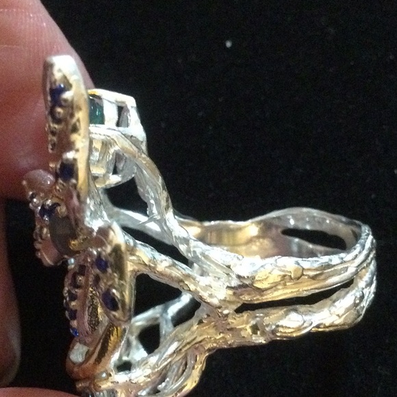 Breathtaking Genuine Sapphire, Black Opals Ring - Picture 12 of 14